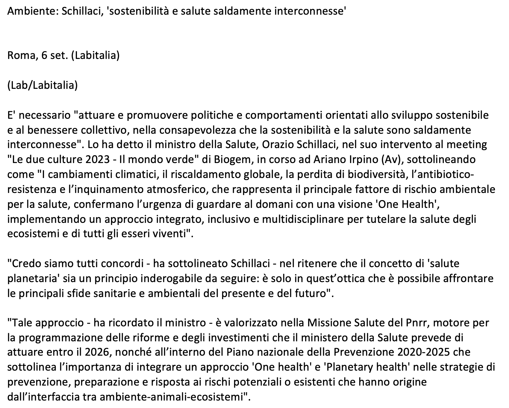 Ambiente: Schillaci, 'sostenibilità e salute saldamente interconnesse'